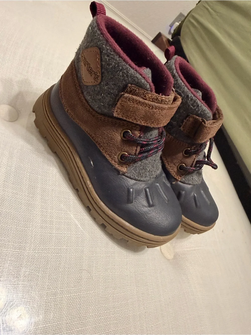 Carter's Navy Brown Gray Toddlers' Waterproof Winter Boots with Burgundy Lining